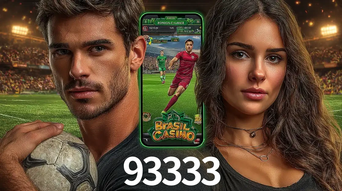 Homem segurando uma bola de futebol e uma mulher ao lado de um smartphone exibindo o jogo de apostas esportivas da 93333. Faça seu palpite no cassino online.